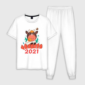 Мужская пижама хлопок с принтом Довольный бык 2021 в Курске, 100% хлопок | брюки и футболка прямого кроя, без карманов, на брюках мягкая резинка на поясе и по низу штанин
 | 