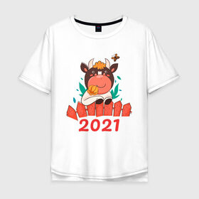 Мужская футболка хлопок Oversize с принтом Довольный бык 2021 в Курске, 100% хлопок | свободный крой, круглый ворот, “спинка” длиннее передней части | 