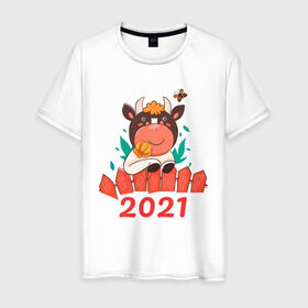 Мужская футболка хлопок с принтом Довольный бык 2021 в Курске, 100% хлопок | прямой крой, круглый вырез горловины, длина до линии бедер, слегка спущенное плечо. | 