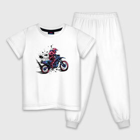 Детская пижама хлопок с принтом Мотокросс в Курске, 100% хлопок |  брюки и футболка прямого кроя, без карманов, на брюках мягкая резинка на поясе и по низу штанин
 | moto | motocross | motorcycle | мото | мотокросс | мотоцикл | мотоциклист | мотоциклисты | мотоциклы | неон | череп | шлем