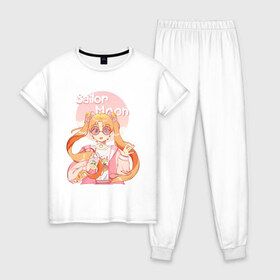 Женская пижама хлопок с принтом Sailor Moon Coffee в Курске, 100% хлопок | брюки и футболка прямого кроя, без карманов, на брюках мягкая резинка на поясе и по низу штанин | anime | animegirl | cute | kavai | kavaii | madara | manga | sailor | sailorchibimoon | sailorjupiter | sailormars | sailormercury | sailormoon | sailormooncrystal | sailorvenus | usagi | usagitsukino | аниме | анимесейлормун | каваи | сейлормун