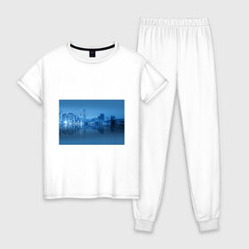 Женская пижама хлопок с принтом New York в Курске, 100% хлопок | брюки и футболка прямого кроя, без карманов, на брюках мягкая резинка на поясе и по низу штанин | new york | архитектура | здания | мост | сша