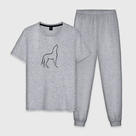 Мужская пижама хлопок с принтом Воющий волк в Курске, 100% хлопок | брюки и футболка прямого кроя, без карманов, на брюках мягкая резинка на поясе и по низу штанин
 | Тематика изображения на принте: воет | вой | волк | животное | зверь | линейный | минимализм | собака
