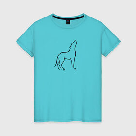 Женская футболка хлопок с принтом Воющий волк в Курске, 100% хлопок | прямой крой, круглый вырез горловины, длина до линии бедер, слегка спущенное плечо | воет | вой | волк | животное | зверь | линейный | минимализм | собака