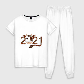 Женская пижама хлопок с принтом Бык 2021 в Курске, 100% хлопок | брюки и футболка прямого кроя, без карманов, на брюках мягкая резинка на поясе и по низу штанин | 2021 | бык | год быка | гороскоп | дата | животное | китайский | новый год | праздничный | символ