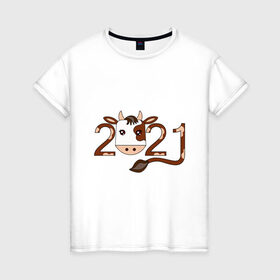 Женская футболка хлопок с принтом Бык 2021 в Курске, 100% хлопок | прямой крой, круглый вырез горловины, длина до линии бедер, слегка спущенное плечо | 2021 | бык | год быка | гороскоп | дата | животное | китайский | новый год | праздничный | символ