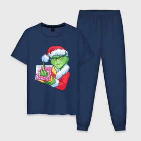 Мужская пижама хлопок с принтом Новый год. Гринч в Курске, 100% хлопок | брюки и футболка прямого кроя, без карманов, на брюках мягкая резинка на поясе и по низу штанин
 | Тематика изображения на принте: 2021 | гринч | новый год | подарок | рождество