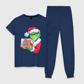 Женская пижама хлопок с принтом Новый год. Гринч в Курске, 100% хлопок | брюки и футболка прямого кроя, без карманов, на брюках мягкая резинка на поясе и по низу штанин | 2021 | гринч | новый год | подарок | рождество