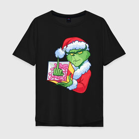 Мужская футболка хлопок Oversize с принтом Новый год. Гринч в Курске, 100% хлопок | свободный крой, круглый ворот, “спинка” длиннее передней части | 2021 | гринч | новый год | подарок | рождество