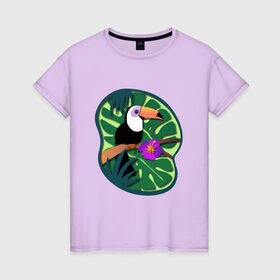 Женская футболка хлопок с принтом Тукан в Курске, 100% хлопок | прямой крой, круглый вырез горловины, длина до линии бедер, слегка спущенное плечо | лето | пальмы | природа | птицы | растения | тропики | тукан | цветы
