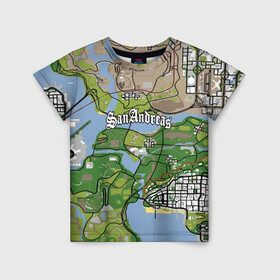 Детская футболка 3D с принтом GTA San Andreas map в Курске, 100% гипоаллергенный полиэфир | прямой крой, круглый вырез горловины, длина до линии бедер, чуть спущенное плечо, ткань немного тянется | game | grand theft auto | gta san andreas | гта сан андреас | игра | карта | самп