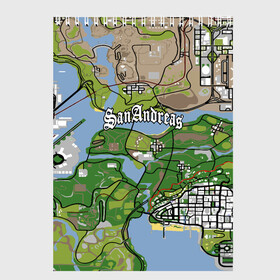 Скетчбук с принтом GTA San Andreas map в Курске, 100% бумага
 | 48 листов, плотность листов — 100 г/м2, плотность картонной обложки — 250 г/м2. Листы скреплены сверху удобной пружинной спиралью | game | grand theft auto | gta san andreas | гта сан андреас | игра | карта | самп