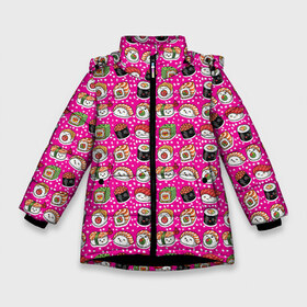 Зимняя куртка для девочек 3D с принтом Суши и роллы в Курске, ткань верха — 100% полиэстер; подклад — 100% полиэстер, утеплитель — 100% полиэстер. | длина ниже бедра, удлиненная спинка, воротник стойка и отстегивающийся капюшон. Есть боковые карманы с листочкой на кнопках, утяжки по низу изделия и внутренний карман на молнии. 

Предусмотрены светоотражающий принт на спинке, радужный светоотражающий элемент на пуллере молнии и на резинке для утяжки. | china | chinese sticks | food | japan | rolls | sushi | еда | икра | китай | китайские палочки | красная | рис | роллы | рыба | суши | суши вок | сырая рыба | форель | япония | японская кухня