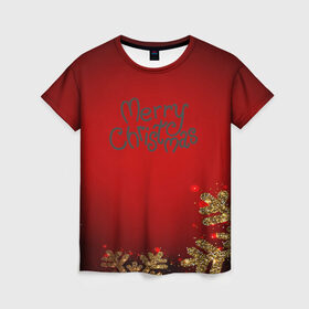 Женская футболка 3D с принтом Merry Christmas в Курске, 100% полиэфир ( синтетическое хлопкоподобное полотно) | прямой крой, круглый вырез горловины, длина до линии бедер | 