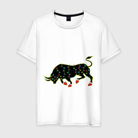 Мужская футболка хлопок с принтом Bull silhouette and garland в Курске, 100% хлопок | прямой крой, круглый вырез горловины, длина до линии бедер, слегка спущенное плечо. | 