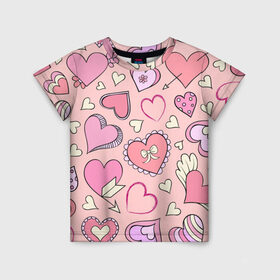 Детская футболка 3D с принтом Розовые сердечки в Курске, 100% гипоаллергенный полиэфир | прямой крой, круглый вырез горловины, длина до линии бедер, чуть спущенное плечо, ткань немного тянется | для девочек | любимой | любовь | розовое | романтика | сердечки | сердечко | сердце