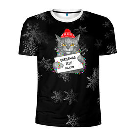 Мужская футболка 3D спортивная с принтом Новогодний кот в Курске, 100% полиэстер с улучшенными характеристиками | приталенный силуэт, круглая горловина, широкие плечи, сужается к линии бедра | 