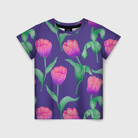 Детская футболка 3D с принтом Тюльпаны на фиолетовом фоне в Курске, 100% гипоаллергенный полиэфир | прямой крой, круглый вырез горловины, длина до линии бедер, чуть спущенное плечо, ткань немного тянется | зеленый | листья | любовь | паттерн | праздник | природа | растения | розовый | романтика | тюльпаны | узор | фиолетовый | цветы
