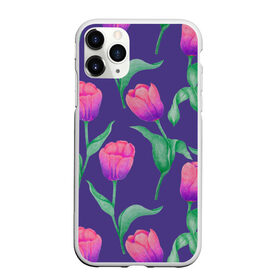 Чехол для iPhone 11 Pro матовый с принтом Тюльпаны на фиолетовом фоне в Курске, Силикон |  | зеленый | листья | любовь | паттерн | праздник | природа | растения | розовый | романтика | тюльпаны | узор | фиолетовый | цветы