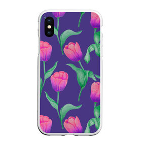 Чехол для iPhone XS Max матовый с принтом Тюльпаны на фиолетовом фоне в Курске, Силикон | Область печати: задняя сторона чехла, без боковых панелей | зеленый | листья | любовь | паттерн | праздник | природа | растения | розовый | романтика | тюльпаны | узор | фиолетовый | цветы