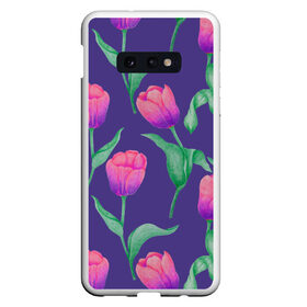 Чехол для Samsung S10E с принтом Тюльпаны на фиолетовом фоне в Курске, Силикон | Область печати: задняя сторона чехла, без боковых панелей | зеленый | листья | любовь | паттерн | праздник | природа | растения | розовый | романтика | тюльпаны | узор | фиолетовый | цветы