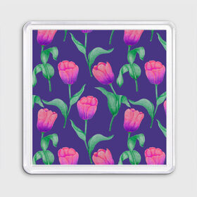 Магнит 55*55 с принтом Тюльпаны на фиолетовом фоне в Курске, Пластик | Размер: 65*65 мм; Размер печати: 55*55 мм | зеленый | листья | любовь | паттерн | праздник | природа | растения | розовый | романтика | тюльпаны | узор | фиолетовый | цветы
