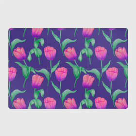 Магнитный плакат 3Х2 с принтом Тюльпаны на фиолетовом фоне в Курске, Полимерный материал с магнитным слоем | 6 деталей размером 9*9 см | зеленый | листья | любовь | паттерн | праздник | природа | растения | розовый | романтика | тюльпаны | узор | фиолетовый | цветы