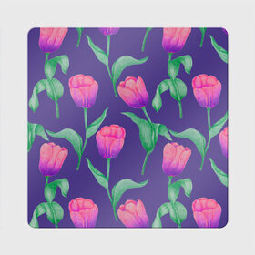 Магнит виниловый Квадрат с принтом Тюльпаны на фиолетовом фоне в Курске, полимерный материал с магнитным слоем | размер 9*9 см, закругленные углы | зеленый | листья | любовь | паттерн | праздник | природа | растения | розовый | романтика | тюльпаны | узор | фиолетовый | цветы