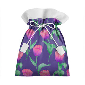 Подарочный 3D мешок с принтом Тюльпаны на фиолетовом фоне в Курске, 100% полиэстер | Размер: 29*39 см | зеленый | листья | любовь | паттерн | праздник | природа | растения | розовый | романтика | тюльпаны | узор | фиолетовый | цветы
