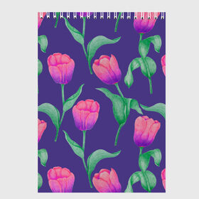 Скетчбук с принтом Тюльпаны на фиолетовом фоне в Курске, 100% бумага
 | 48 листов, плотность листов — 100 г/м2, плотность картонной обложки — 250 г/м2. Листы скреплены сверху удобной пружинной спиралью | зеленый | листья | любовь | паттерн | праздник | природа | растения | розовый | романтика | тюльпаны | узор | фиолетовый | цветы