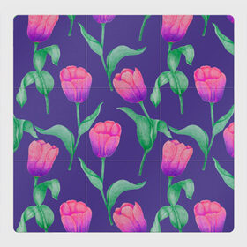 Магнитный плакат 3Х3 с принтом Тюльпаны на фиолетовом фоне в Курске, Полимерный материал с магнитным слоем | 9 деталей размером 9*9 см | зеленый | листья | любовь | паттерн | праздник | природа | растения | розовый | романтика | тюльпаны | узор | фиолетовый | цветы