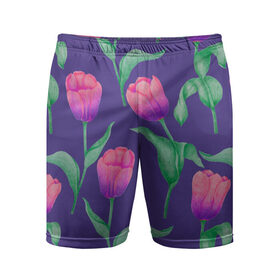 Мужские шорты спортивные с принтом Тюльпаны на фиолетовом фоне в Курске,  |  | зеленый | листья | любовь | паттерн | праздник | природа | растения | розовый | романтика | тюльпаны | узор | фиолетовый | цветы