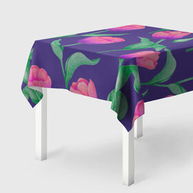 Скатерть 3D с принтом Тюльпаны на фиолетовом фоне в Курске, 100% полиэстер (ткань не мнется и не растягивается) | Размер: 150*150 см | зеленый | листья | любовь | паттерн | праздник | природа | растения | розовый | романтика | тюльпаны | узор | фиолетовый | цветы