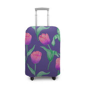Чехол для чемодана 3D с принтом Тюльпаны на фиолетовом фоне в Курске, 86% полиэфир, 14% спандекс | двустороннее нанесение принта, прорези для ручек и колес | зеленый | листья | любовь | паттерн | праздник | природа | растения | розовый | романтика | тюльпаны | узор | фиолетовый | цветы