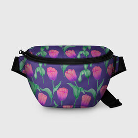 Поясная сумка 3D с принтом Тюльпаны на фиолетовом фоне в Курске, 100% полиэстер | плотная ткань, ремень с регулируемой длиной, внутри несколько карманов для мелочей, основное отделение и карман с обратной стороны сумки застегиваются на молнию | зеленый | листья | любовь | паттерн | праздник | природа | растения | розовый | романтика | тюльпаны | узор | фиолетовый | цветы