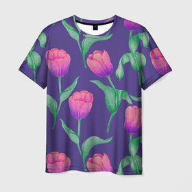 Мужская футболка 3D с принтом Тюльпаны на фиолетовом фоне в Курске, 100% полиэфир | прямой крой, круглый вырез горловины, длина до линии бедер | зеленый | листья | любовь | паттерн | праздник | природа | растения | розовый | романтика | тюльпаны | узор | фиолетовый | цветы