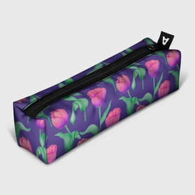 Пенал 3D с принтом Тюльпаны на фиолетовом фоне в Курске, 100% полиэстер | плотная ткань, застежка на молнии | Тематика изображения на принте: зеленый | листья | любовь | паттерн | праздник | природа | растения | розовый | романтика | тюльпаны | узор | фиолетовый | цветы