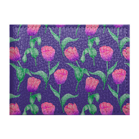 Обложка для студенческого билета с принтом Тюльпаны на фиолетовом фоне в Курске, натуральная кожа | Размер: 11*8 см; Печать на всей внешней стороне | зеленый | листья | любовь | паттерн | праздник | природа | растения | розовый | романтика | тюльпаны | узор | фиолетовый | цветы
