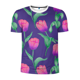Мужская футболка 3D спортивная с принтом Тюльпаны на фиолетовом фоне в Курске, 100% полиэстер с улучшенными характеристиками | приталенный силуэт, круглая горловина, широкие плечи, сужается к линии бедра | Тематика изображения на принте: зеленый | листья | любовь | паттерн | праздник | природа | растения | розовый | романтика | тюльпаны | узор | фиолетовый | цветы