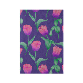 Обложка для паспорта матовая кожа с принтом Тюльпаны на фиолетовом фоне в Курске, натуральная матовая кожа | размер 19,3 х 13,7 см; прозрачные пластиковые крепления | зеленый | листья | любовь | паттерн | праздник | природа | растения | розовый | романтика | тюльпаны | узор | фиолетовый | цветы