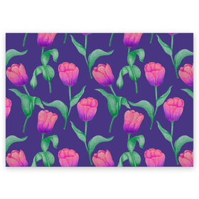 Поздравительная открытка с принтом Тюльпаны на фиолетовом фоне в Курске, 100% бумага | плотность бумаги 280 г/м2, матовая, на обратной стороне линовка и место для марки
 | Тематика изображения на принте: зеленый | листья | любовь | паттерн | праздник | природа | растения | розовый | романтика | тюльпаны | узор | фиолетовый | цветы