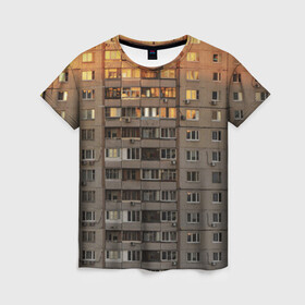 Женская футболка 3D с принтом Панелька в Курске, 100% полиэфир ( синтетическое хлопкоподобное полотно) | прямой крой, круглый вырез горловины, длина до линии бедер | архитектура | грусть | здание | панелька | панельный дом | россия | советский | ссср | фото | эстетика