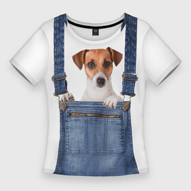 Женская футболка 3D Slim с принтом ЩЕНОК В КАРМАШКЕ в Курске,  |  | dog | jeans | packet | гав | джинсовый | дружок | животные | звери | карман | комбинезон | ломашние | одежда | пес | собака | щенок