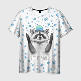 Мужская футболка 3D с принтом Новогодний Енот в Курске, 100% полиэфир | прямой крой, круглый вырез горловины, длина до линии бедер | 