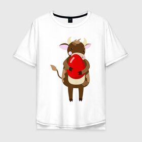 Мужская футболка хлопок Oversize с принтом Новогодний бык с киндером в Курске, 100% хлопок | свободный крой, круглый ворот, “спинка” длиннее передней части | 