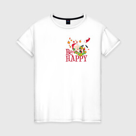 Женская футболка хлопок с принтом Be happy в Курске, 100% хлопок | прямой крой, круглый вырез горловины, длина до линии бедер, слегка спущенное плечо | daffy | duck | looney | pig | porky | tunes | vdzajul | дак | даффи | пиг | порки