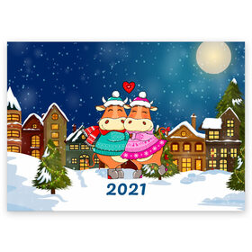 Поздравительная открытка с принтом Влюбленные бык и корова 2021 в Курске, 100% бумага | плотность бумаги 280 г/м2, матовая, на обратной стороне линовка и место для марки
 | 2021 | 7 января | bull | newyear | santa | бык | быки | бычок | год быка | дед мороз | корова | новогодние каникулы | новогодние праздники | новый 2021 | новый год | новый год 2021 | рождество | сани | санта | санта клаус