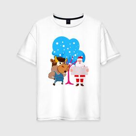 Женская футболка хлопок Oversize с принтом Санта и бык Новый год 2021 в Курске, 100% хлопок | свободный крой, круглый ворот, спущенный рукав, длина до линии бедер
 | 