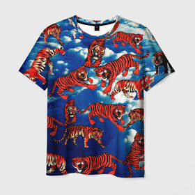 Мужская футболка 3D с принтом Тигры В Облаках в Курске, 100% полиэфир | прямой крой, круглый вырез горловины, длина до линии бедер | белый | животные | звери | кот | кошки | красный | небо | облака | полосатый | природа | рычит | синий | тигры | тренд