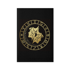 Обложка для паспорта матовая кожа с принтом Близнецы в Курске, натуральная матовая кожа | размер 19,3 х 13,7 см; прозрачные пластиковые крепления | Тематика изображения на принте: близнецы | знаки зодиака | золотой рисунок | черный фон